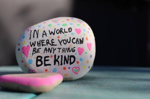 A rock with a written message that reads, "In a world where you can be anything BE KIND"