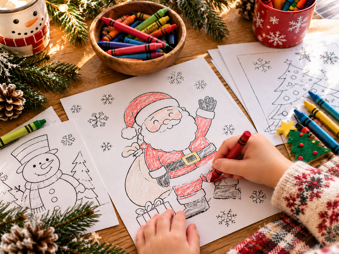 Screen-free Christmas activities for kids ages 4-8 wutg coloring pages and crayons.