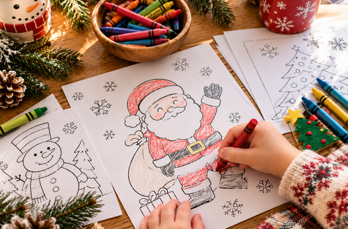 Screen-free Christmas activities for kids ages 4-8 wutg coloring pages and crayons.